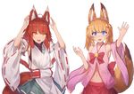 animal_ears bell blonde_hair blue_eyes bow dress foxgirl ibuki_notsu japanese_clothes kemomimi_vr_channel kimono navel necklace red_hair skirt tagme_(character) tail twintails white yellow_eyes 