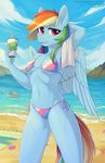  2018 anthro anthrofied beach bikini clothing digital_media_(artwork) equine feathered_wings feathers female fensu-san friendship_is_magic hair hand_behind_head hi_res holding_object looking_at_viewer mammal multicolored_hair my_little_pony outside pegasus rainbow_dash_(mlp) rainbow_hair seashell seaside solo swimsuit water wings 