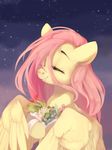  detailed_background digital_media_(artwork) equine eyelashes eyes_closed feathered_wings feathers female feral fluttershy_(mlp) friendship_is_magic haidiannotes hair hooves mammal my_little_pony outside pegasus pink_hair sky smile solo star starry_sky wings yellow_feathers 