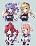  :3 ahoge arm_up bangs bare_shoulders between_breasts black_swimsuit blonde_hair blue_background blue_eyes blue_hair blue_sailor_collar blush blush_stickers breasts character_name cleavage collarbone competition_school_swimsuit crop_top fang flower glasses hair_flower hair_ornament hair_ribbon hario_4 i-168_(kantai_collection) i-19_(kantai_collection) i-58_(kantai_collection) i-8_(kantai_collection) kantai_collection large_breasts long_hair looking_at_viewer medium_breasts motion_lines multiple_girls name_tag nervous_smile one-piece_swimsuit orange_hair outline pink_eyes pink_ribbon ponytail red_eyes red_hair red_neckwear ribbon sailor_collar semi-rimless_eyewear shirt short_sleeves simple_background single_sidelock small_breasts star star-shaped_pupils swimsuit symbol-shaped_pupils tareme tawawa_challenge trembling tsurime two_side_up under-rim_eyewear upper_body v v-shaped_eyebrows wavy_mouth white_outline white_shirt x_hair_ornament you're_doing_it_wrong 