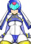  1girl android arm_support artist_request blue_eyes blush bodystocking bracelet breasts cameltoe helmet large_breasts leviathan_(rockman) looking_at_viewer rockman rockman_zero simple_background smile solo tight_clothes white_background wide_hips 