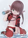  black_panties boots braid brown_hair ell final_fantasy final_fantasy_xiv flat_chest green_eyes holding lalafell long_hair male_focus navel one_eye_closed panties pointy_ears ponytail red_legwear sash smile solo spyglass thighhighs underwear water 