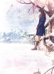  black_hair boots cherry_blossoms coat fur-trimmed_boots fur_trim gloves knee_boots long_hair mocha_(cotton) mountain original outdoors scarf scenery skirt snow snow_boots winter 