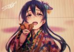  bangs blue_hair blush close-up commentary_request fan floral_print flower folding_fan hair_between_eyes hair_flower hair_ornament japanese_clothes kimono long_hair looking_at_viewer love_live! love_live!_school_idol_project open_mouth solo sonoda_umi striped striped_background suito yellow_eyes 