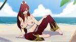  barefoot beach blush breasts erza_scarlet fairy_tail feet foot nipple_chain nipples red_hair saliva tongue_out 