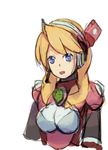  1girl acen alia_(rockman) bangs blonde_hair blue_eyes breasts capcom earphones eyebrows_visible_through_hair long_hair mugshot open_mouth rockman rockman_x rockman_x8 simple_background upper_body white_background 