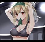  armpits arms_up black_bra blush bra breasts brown_eyes brown_hair closed_mouth collarbone eyebrows_visible_through_hair girls_frontline green_ribbon hairband head_tilt high_ponytail kkis-i large_breasts letterboxed long_hair looking_at_viewer mouth_hold ribbon solo sports_bra sv-98_(girls_frontline) underwear upper_body 