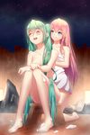  aqua_hair barefoot bath_stool blue_eyes blush closed_eyes convenient_arm convenient_leg geduan green_nails hatsune_miku highres kneeling long_hair megurine_luka multiple_girls nail_polish naked_towel night night_sky nude onsen open_mouth outdoors red_hair sitting sky smile soap star_(sky) starry_sky stool toenail_polish towel very_long_hair vocaloid washing_back white_towel 