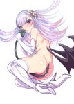  ass bat_wings betoko blush boots demon_girl demon_tail elbow_gloves eyebrows_visible_through_hair gloves harigane_shinshi highres horns long_hair looking_at_viewer lying nude on_side original pointy_ears purple_hair red_eyes simple_background solo succubus tail thigh_boots thighhighs white_background wings 