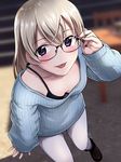  :p adjusting_eyewear bespectacled black-framed_eyewear blonde_hair bra breasts cleavage downblouse eila_ilmatar_juutilainen glasses highres liar_lawyer off_shoulder pantyhose purple_eyes ribbed_sweater small_breasts solo strap_gap strike_witches sweater tongue tongue_out underwear world_witches_series 