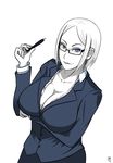  blonde_hair blue_eyes breast_hold breast_rest breasts business_suit cleavage collarbone formal glasses highres large_breasts lord_jaywalk mature monochrome office_lady original pencil_skirt self_upload short_hair skirt solo suit white_background 