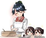  ^_^ akagi_(kantai_collection) black_hair closed_eyes drooling ebifurya food green_ribbon hair_ribbon houshou_(kantai_collection) japanese_clothes kaga_(kantai_collection) kantai_collection kappougi kimono long_hair multiple_girls ohitsu onigiri ponytail ribbon rice_spoon signature simple_background smile twitter_username upper_body white_background younger 