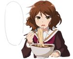  annoyed blank_speech_bubble bowl brown_serafuku chopsticks commentary eating exploitable food hibike!_euphonium neckerchief noodles nyum open_mouth oumae_kumiko ramen ramen_daisuki_koizumi-san red_neckwear sailor_collar school_uniform serafuku simple_background solo speech_bubble tareme upper_body white_background white_sailor_collar 