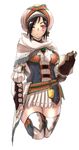  1girl bherna_(armor) black_hair breasts gloves looking_at_viewer monster_hunter monster_hunter_x one_eye_closed short_hair skirt smile solo thinghighs 