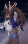  anthro antlers big_breasts breasts brown_eyes brown_hair butt butt_pose cervine clothed clothing deer denim_shorts female hair horn humanoid hybrid iwbitu lagomorph mammal night outside parking_lot ponytail rabbit shirt shorts simple_background solo sports_jacket standing stretching tank_top 
