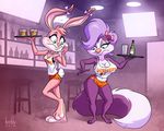  2018 alcohol anthro artbirchly_(artist) babs_bunny bar barefoot beverage blush bottle breasts buckteeth cleavage clothed clothing digital_media_(artwork) drinks duo ear_bow eyelashes female fifi_la_fume fur glass hair hair_bow hair_ribbon hooters_uniform inside lagomorph looking_back mammal midriff navel neon pink_fur purple_fur purple_hair restaurant ribbons shirt shorts skimpy skunk smile standing teeth television tiny_toon_adventures tray waiter warner_brothers wide_hips 