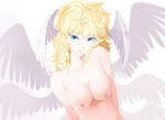  1boy angel_wings artrica asuka_ryou blonde_hair blue_eyes breasts devilman devilman_crybaby eyebrows feathered_wings feathers head_wings long_hair nude satan_(devilman) solo wings 