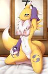  anthro armwear barely_visible_genitalia black_nose black_sclera blue_eyes breasts bridal_gauntlets canine clothing digimon evomanaphy female fur mammal mostly_nude navel neck_tuft nipples pinup pose renamon solo subtle_pussy tuft white_belly white_fur yellow_fur 