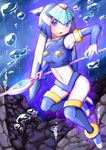  1girl android armpits blue_eyes blush bodystocking bodysuit breasts bubble capcom covered_navel heels helmet high_heels holding holding_spear holding_weapon leviathan_(rockman) navel open_mouth rock rockman rockman_zero spear thigh_boots thighhighs underwater water weapon 