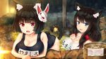  :d animal_ears azur_lane bell bent_over black_hair blue_eyes blurry blush breast_suppress breasts bucket butterfly_hair_ornament cat_ears cat_tail character_name clenched_hand collarbone depth_of_field eyebrows_visible_through_hair fang fox_mask fusou_(azur_lane) hair_ornament hair_over_shoulder highres jingle_bell large_breasts long_hair looking_at_viewer mask mihamimo multiple_girls night one-piece_swimsuit onsen open_mouth partially_submerged red_eyes rock school_swimsuit short_hair smile steam swimsuit tail tail_bell towel water wet yamashiro_(azur_lane) 