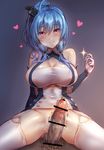 1girl :q ahoge azur_lane bar_censor bare_shoulders blue_hair blush breasts censored closed_mouth covered_navel erection eyebrows_visible_through_hair garter_straps gloves hair_between_eyes head_tilt heart hetero high_ponytail highres large_breasts long_hair looking_at_viewer male_pubic_hair mika_(1020mk) no_panties penis precum pubic_hair smile sparkle st._louis_(azur_lane) straddling testicles thighhighs tongue tongue_out trembling white_gloves white_legwear 