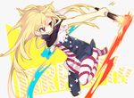  aki_maki_yuu american_flag_dress american_flag_legwear bare_arms black_scarf blonde_hair blue_bow bow clownpiece dress english fire floating_hair full_body grey_background grin holding long_hair outstretched_arms pantyhose red_eyes scarf sharp_teeth short_dress short_sleeves smile solo star star_print striped striped_dress striped_legwear teeth torch touhou very_long_hair 