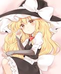  apron arm_warmers blonde_hair blush bracelet breasts cocked_eyebrow fingernails hat jewelry kirisame_marisa long_hair looking_at_viewer lying on_side puffy_sleeves sash skirt small_breasts solo touhou vest waist_apron wavy_hair witch_hat yellow_eyes yururi_nano 