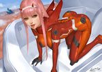  all_fours ariverkao ass bodysuit breasts darling_in_the_franxx fang green_eyes hairband hanging_breasts horns lips long_hair looking_at_viewer medium_breasts open_mouth pilot_suit pink_hair signature solo tongue zero_two_(darling_in_the_franxx) 