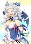  ;o ahoge anya_(sennen_sensou_aigis) arm_belt bare_shoulders breasts cleavage hair_ornament medium_breasts momari3 one_eye_closed sennen_sensou_aigis silver_hair skirt solo standing stuffed_animal stuffed_dragon stuffed_toy twitter_username white_skirt wings x_hair_ornament yawning 