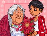  1girl braid christmas closed_eyes coco_(disney) disney flower grandmother_and_grandson happy lucleon mama_coco miguel_rivera old_woman pixar poinsettia wrinkles 