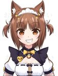  animal_ears azuki_(sayori) bow bowtie brown_eyes brown_hair cat_ears character_name cleavage_cutout commentary cowfee eyebrows_visible_through_hair fang grin heart looking_at_viewer maid maid_headdress name_tag nekopara puffy_short_sleeves puffy_sleeves ribbon-trimmed_clothes ribbon_trim short_hair short_sleeves simple_background smile solo teeth two_side_up upper_body watermark white_background yellow_neckwear 