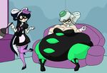  2018 beauty_mark belly big_belly breasts callie cephalopod cleavage clothed clothing da-fuze digital_media_(artwork) duo female gloves humanoid inkling maid_uniform marie marine morbidly_obese nintendo not_furry obese overweight overweight_female smile splatoon squid_sisters thick_thighs uniform video_games yellow_eyes 