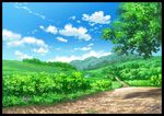  blue_sky border cloud cloudy_sky commentary_request day field flower forest grass hill hirota_(masasiv3) nature no_humans original outdoors path plant road scenery signature sky 
