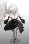  alternate_costume black_dress breasts cleavage closed_eyes cross detached_sleeves dress gradient gradient_background hair_between_eyes hair_ornament hairclip heoningu highres jewelry kishin_sagume large_breasts necklace short_hair simple_background single_wing solo thighhighs touhou white_background white_hair white_wing white_wings wings 