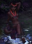  anthro black_hair breasts female flower green_eyes hair himeragoldtail lei looking_at_viewer mammal mustelid navel nipples nude otter outside plant solo water whiskers 