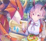  antennae bench blue_eyes bowl commentary_request day dragon food fork kagutsuchi_(xenoblade) oskulolu outdoors pink_eyes pink_hair pointy_ears sgwhitell shironeko_project sitting speech_bubble sweatdrop tree 