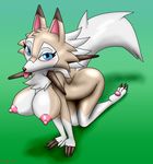  anthro anthrofied big_breasts blue_eyes blush breasts brown_fur chameloshi claws erect_nipples female fur kneeling looking_at_viewer lycanroc midday_lycanroc neck_tuft nintendo nipples nude pok&eacute;mon pok&eacute;mon_(species) pok&eacute;morph signature simple_background solo tongue tongue_out tuft video_games white_fur 