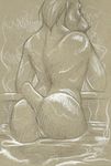  2018 anthro anus biped brown_background butt cadmiumtea canine doberman dog female hair mammal monochrome nude partially_submerged pencil_(artwork) pussy rear_view sepia short_tail simple_background small_tail solo traditional_media_(artwork) water 