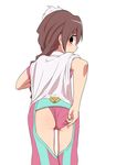  1girl adjusting_panties ass brown_hair chaps female from_behind looking_back magia_record:_mahou_shoujo_madoka_magica_gaiden mahou_shoujo_madoka_magica mao_himika ponytail profile salpin simple_background solo white_background 