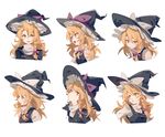  aibivy black_hat blonde_hair bow braid buttons commentary eyebrows_visible_through_hair hair_between_eyes hair_bow hat hat_bow highres kirisame_marisa long_hair multiple_views purple_bow side_braid simple_background smile touhou upper_body vest white_background white_bow witch_hat yellow_eyes 