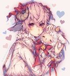  &lt;3 animal_humanoid bell brown_eyes caprine clothed clothing fully_clothed fur girly hair_ribbon holding_object horn hug humanoid kamochiruu lace looking_at_viewer male mammal plushie ribbons sheep_humanoid shirt simple_background solo sparkles tan_hair tongue tongue_out white_background white_fur 