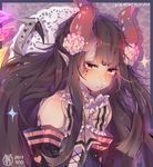  2017 abstract_background armwear brown_hair clothed clothing crying crystals demon detached_sleeves dress female flower flower_in_hair hair horn humanoid kamochiruu lace looking_at_viewer not_furry pink_theme plant pointy_ears portrait red_eyes ribbons rose_(flower) sad solo spiked_tail tears 