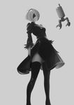  1girl android boots breasts dress feather-trimmed_sleeves gloves hairband juliet_sleeves long_sleeves nier_(series) nier_automata puffy_sleeves short_hair sword thigh_boots thighhighs thighhighs_under_boots turtleneck weapons yorha_no._2_type_b 