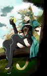  absurdres ahoge animal_ears apple atalanta_(fate) bangs braid day fate/apocrypha fate_(series) food fruit full_body gauntlets golden_apple green_eyes green_hair highres holding holding_food holding_fruit kwanchung_ho looking_at_viewer open_mouth outdoors sidelocks sitting solo tail tree 