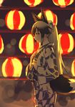  alternate_costume animal_ears backlighting black_hair blurry blush bokeh cowboy_shot depth_of_field emoto_reishi extra_ears flower fox_ears fox_tail from_side gradient_hair hair_flower hair_ornament hand_on_hip hand_on_own_chest highres japanese_clothes kemono_friends kimono lantern long_hair long_sleeves looking_at_viewer looking_to_the_side multicolored_hair paper_lantern ponytail print_kimono red_eyes sidelocks sideways_glance silver_fox_(kemono_friends) silver_hair sketch solo standing tail wide_sleeves yukata 