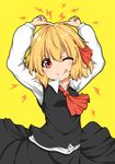  ;q absurdres arms_up ascot bangs black_skirt black_vest blonde_hair blush closed_mouth collared_shirt eyebrows_visible_through_hair hair_between_eyes hair_ribbon head_tilt highres index_finger_raised lightning_bolt long_sleeves looking_at_viewer one_eye_closed red_eyes red_neckwear red_ribbon ribbon rumia scarlet_mirin shiny shiny_hair shirt short_hair simple_background skirt smile solo tareme tongue tongue_out touhou upper_body v-shaped_eyebrows vest white_shirt wing_collar yellow_background 