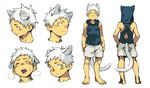  absurdres animal_ears blue_hoodie blue_shirt cat_ears catboy draugnut full_body hand_on_hip highres looking_at_viewer multiple_views no_shoes portrait shirt shorts sleeveless sleeveless_shirt standing white_hair white_shorts yellow_eyes 