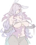  alternate_costume animal_ears areola_slip areolae blush breasts bunny_ears cameltoe camilla_(fire_emblem_if) cleavage commentary curly_hair embarrassed fire_emblem fire_emblem_heroes fire_emblem_if flying_sweatdrops gtunver hair_over_one_eye highres huge_breasts limited_palette lips long_hair navel pantyhose parted_lips purple_hair simple_background solo stomach undressing work_in_progress 