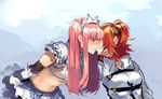  blue_background blush chaldea_uniform commentary_request crop_top crown elbow_gloves eyebrows_visible_through_hair fate/grand_order fate_(series) from_side fujimaru_ritsuka_(female) gloves grey_jacket hair_ornament hair_scrunchie idk-kun jacket kiss leaning_forward long_hair medb_(fate)_(all) medb_(fate/grand_order) multiple_girls navel one_side_up orange_hair parted_lips pink_hair profile scrunchie short_hair short_sleeves smile wing_collar yuri 