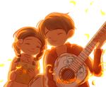  1girl black_hair bloom bow braid closed_eyes coco_(disney) cover cover_page dark_skin disney graphite_(medium) guitar happy instrument mama_coco mechanical_pencil miguel_rivera mole mole_above_mouth object_hug oneonesheep pencil petals short_hair smile time_paradox traditional_media 